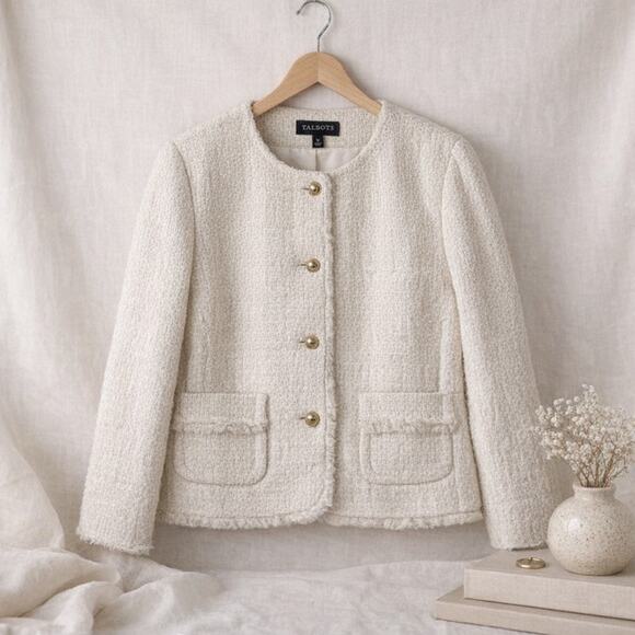Talbots Jackets & Blazers - Talbots Jacket Womens 12 Cream Textured Button Front Tweed Blazer